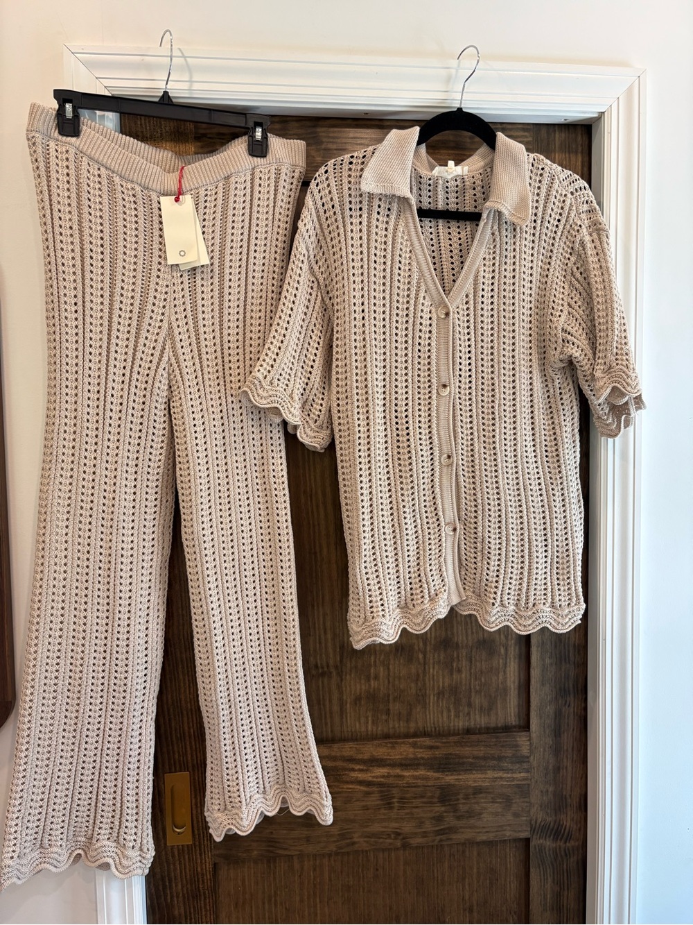 Solitaire Beige Crochet Two-Piece Set Knit Button Cardigan & Wide Leg Pants NWT